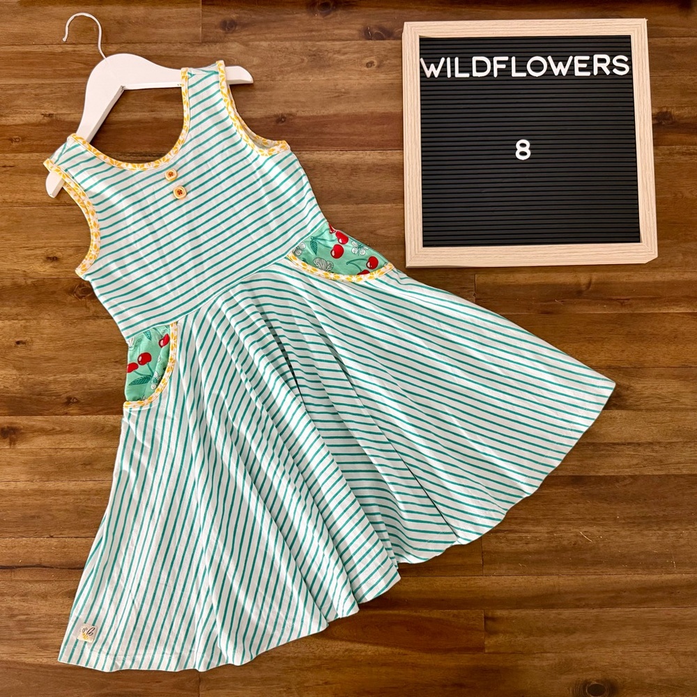 Wildflowers Daydream Believer Carnival Casey Dress 8 Green Striped Knit Cherries